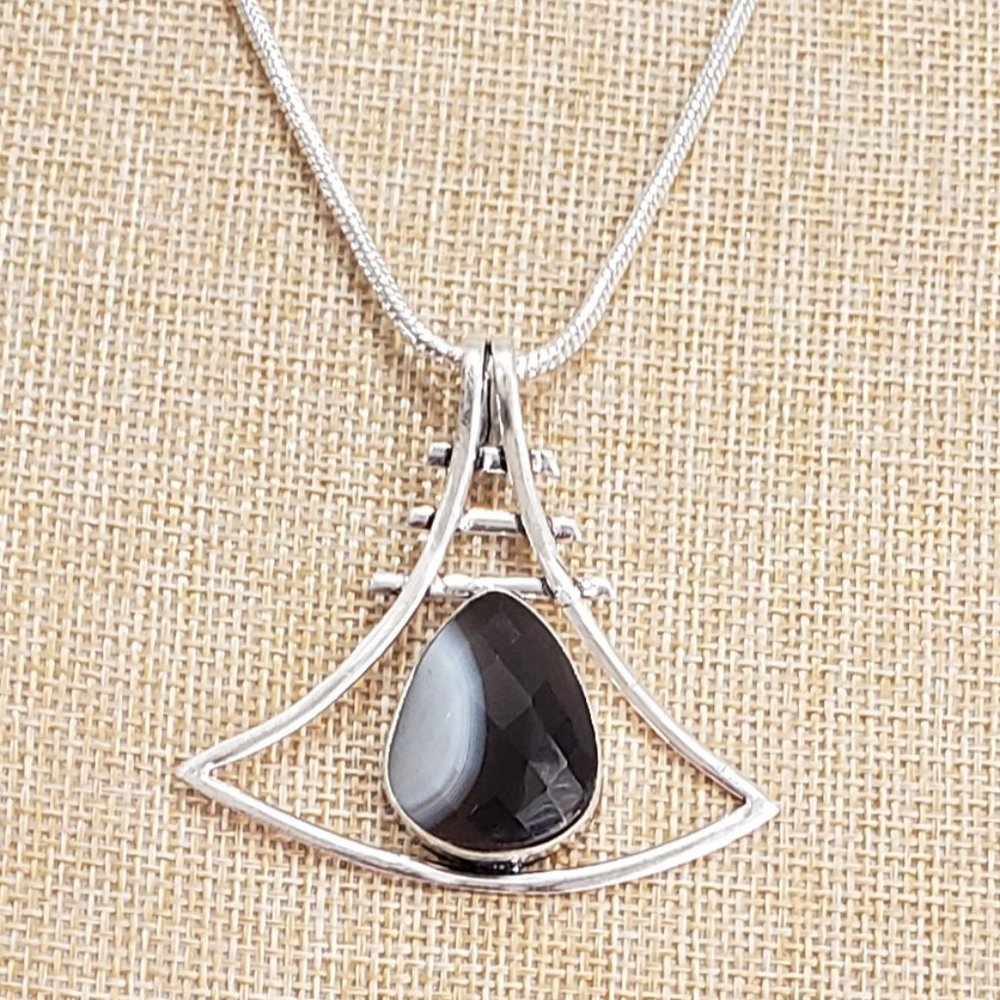 Banded agate gemstone 925 silver pendant necklace, agate 925 necklace